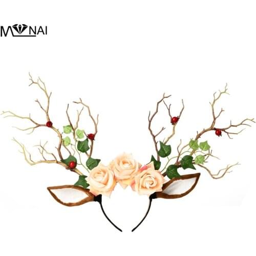 Unique Gothic Deer Horn Tree Branches Headband Vintage Antler Berry Leaves Headdress Exaggerated Halloween Party Cosplay