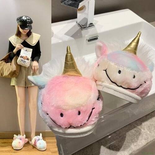 Fluffy slippers ladies winter indoor shoes 2021 new runway slippers women unicorn slippers furry slippers ciabatte donna