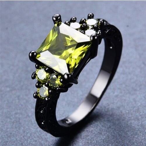 Luxury Female Olive Green Crystal Ring Vintage 14KT Black Gold Wedding Rings For Women Charm Square Zircon Stone Engagement Ring