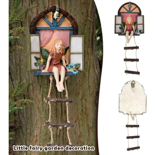 Garden Fairy Statue Ornament with Ladder Decor Resin Cartoon Hanging Decoration for Outdoor Elf Sitting on the Window XH8Z