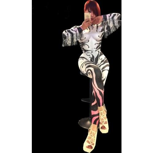 Sexy Zebra Pattern Jumpsuit Bright Rhinestone Tassel One-piece Female Singer Show Stage Outfit Nightclub Costume Stretch Rompers