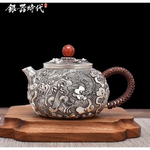 Silver age silver pot teapot sterling silver 999 pure manual black dragon bead filter play home office silver teapot
