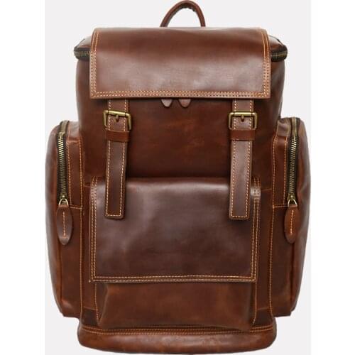 Vintage Genuine Leather Mens Backpack Brown Cowhide Leather Large Capacity Laptop Bag School Bags Male Travel Backpacks