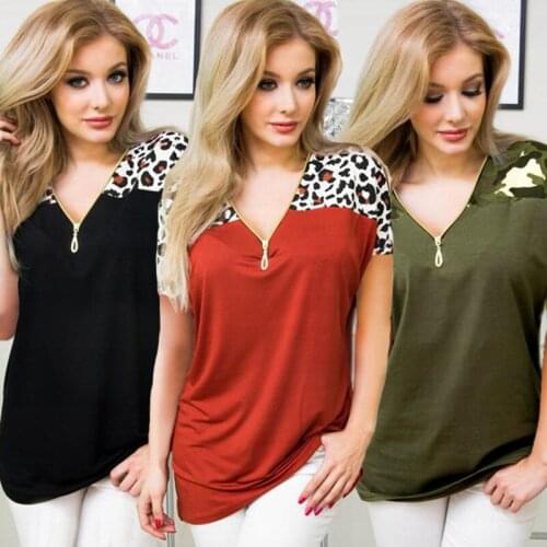 2019 summer Sexy V-neck leopard zipper short sleeve T-shirt printed women shirts streetwear plus size womens clothing ONY007