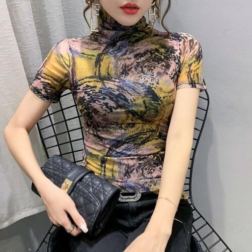 2021 New T shirt Women Clothes Turtleneck Print Female T-Shirt Summer Tops Casual Short Sleeve Tee Shirt Femme