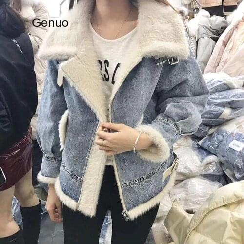 Womens Winter Lamp Wool Liner Faux Fur Coat with Denim Jacket Turn Down Collar Outerwear Coats Denim Coat Women Outwear