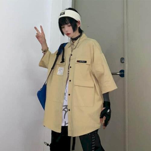 Women Blouses Goth Button Up Shirt Men Punk Gothic Clothes Summer Korean Harajuku Retro Embroidery BF Loose Short-sleeved Tops