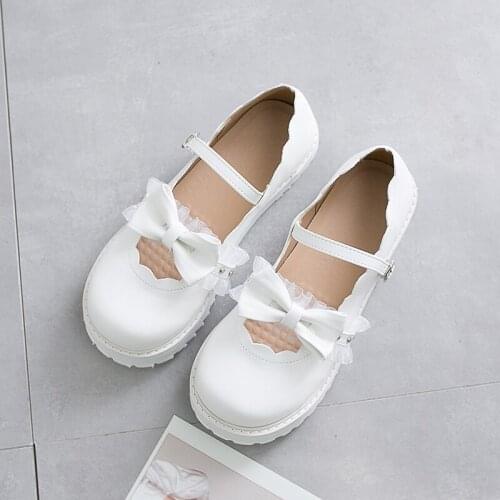 Bow Round Toe Sweet Girls Female Kawaii Cross Buckle Japanese Cute Anime Lolita Shoes Women Harajuku Feminine Flats Mid Heel 3cm