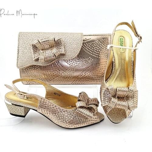 Italian Design 2021 New Nigerian Fashion Special Narrow Band and Cross-tied Style Champagne Gold Color Women Shoes and Bag Set