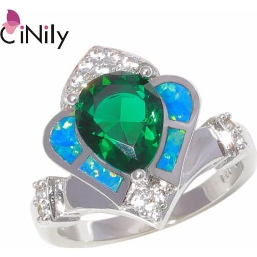 CiNily Created White Blue Fire Opal Cubic Zirconia Silver Plated Wholesale for Women Jewelry Birthday Gift Ring Sz 6-10 OJ9381-2
