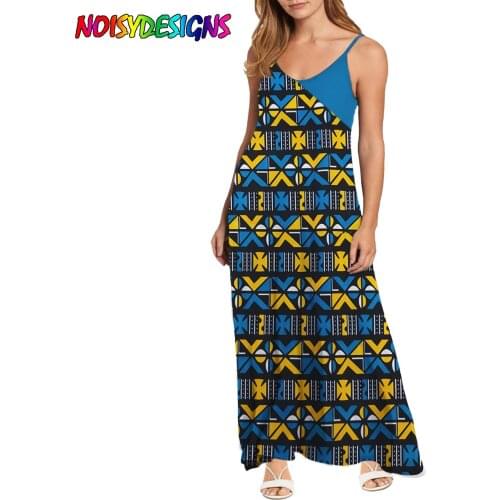 NOISYDESIGNS Vintage Women African Kente Prints Maxi Dress Summer V-neck Sleeveless Sling Dresses Girls Long Beach Dresses Blue