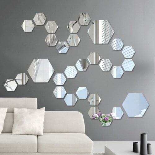 3D Hexagon Acrylic Mirror Wall Stickers DIY Art Wall Decor Stickers Living Room Mirrored Sticker Gold Home Decor #26