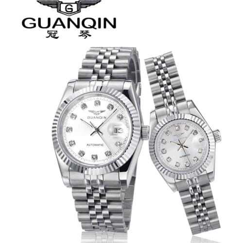 GUANQIN Lovers' Watches Luxury Couples Watch Man Women Pair Clocks Rhinestones Gold Date Mechanical Watch Hardlex Waterproof NEW