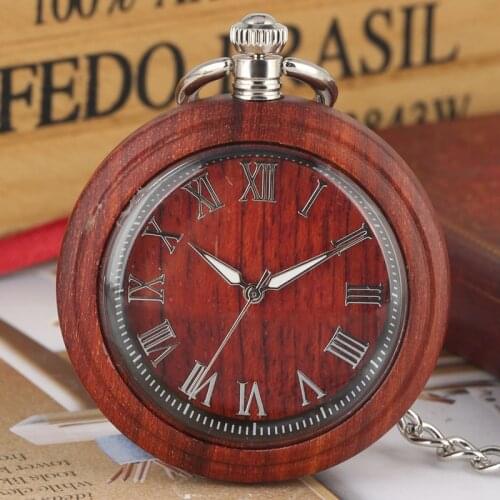 Retro Ebony Wood Watch Mens Red Sandalwood Quartz Pocket Watch Roman Letter Fashion Luminous Needle 30cm Chain FOB Watches Gift