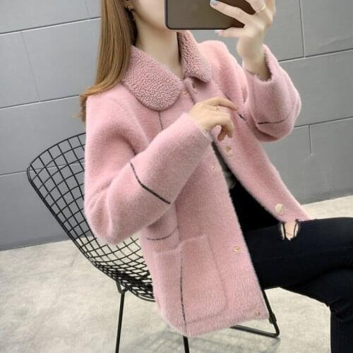 Korean Knit Sweater Jacket Women Loose Knitting Outerwear Autumn Winter Plus Size Imitation Mink Fur Coat Thick Clothes Female
