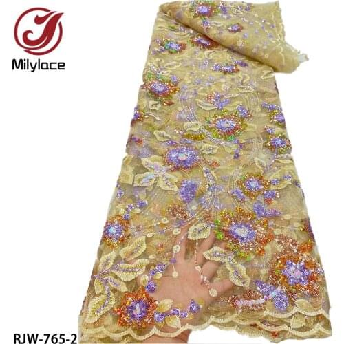 Beautiful flower design French Sequins Lace Fabric Embroidery African Net Laces Nigerian Tulle Fabrics 5 Yards for Party RJW-765