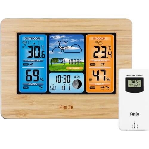 FanJu FJ3373 Weather Station Wall Clock Digital Temperature Humidity Barometer Forecast Backlight Snooze Alarm Wireless sensor