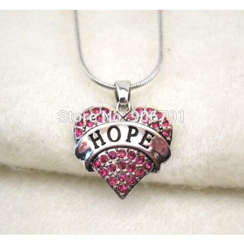Fashion 50pcs a lot rhodium plated hope with rose crystal heart pendant necklace