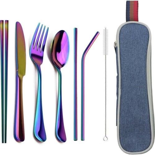 Rainbow Dinnerware Set For Travel Portable 8Pcs Knife Fork Spoon Set With Bag Cutlery Set 304 Stainless Steel Tableware Set