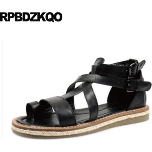 Genuine Leather Espadrilles Outdoor Shoes Men Gladiator Sandals Summer Large Size Fisherman High Quality Toe Loop Black 45 Roman