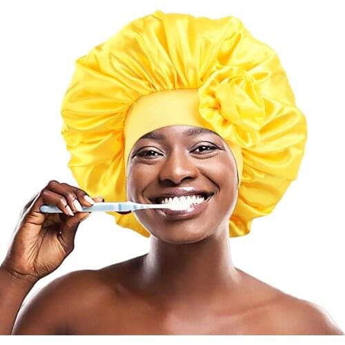 New flower satin bonnet flower decoration turban headwear solid color with elastic band head wrap nightcap for women