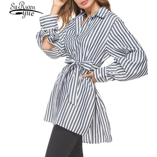 Striped Long Sleeve Autumn Blouse Women Single-breasted with Belt Office Lady Style Shirts 2021 Fashion Women Blouses 10300
