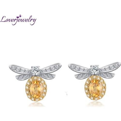 LOVERJEWELRY Girl Earrings Solid 14K Two Tone Gold Natural Yellow Sapphire Diamond Earrings Bee Shape Gemstone for Women Wedding