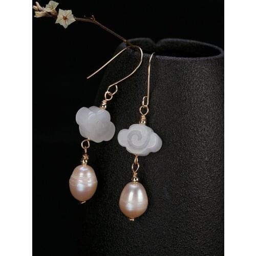 One Deer Silver 14K Bag Natural Hotan Yuxiangyun Pearl Ear Drop Retro Personality High-end Womens Earrings Jewelry