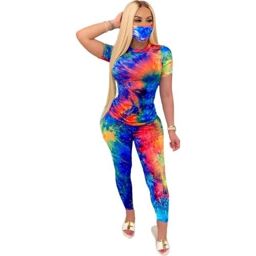 JRRY Women Tracksuits Two Pieces Set Short Sleeve O Neck Top Long Pants Tie Dye 2 Pieces Set Sports Suit Casual Outdoor Wear