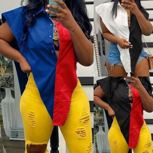 2021 Women Shirt Summer Fashion Hit Color Casual Buttoned Shirt Asymmetric Loose Vest Top Sleeveless Shirt V Neck Chemise Femme