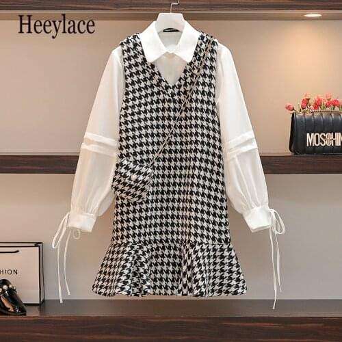 Plus Size Office Ladies Elegant Two Pieces Set Korean Polo Collar Long Sleeve Blouse And Plaid Tweed Ruffles Dresses Suits 4XL