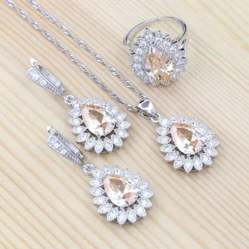 Champagne Cubic Zirconia White Crystal 925 Sterling Silver Jewelry Sets For Women Vintage Earrings Pendant Necklace Ring