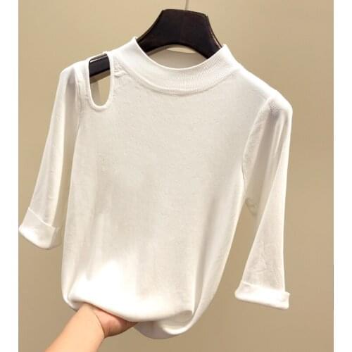 New Korean version O collar Ice silk sweater bottoming shirt womens thin pullover summer Strapless Half sleeve