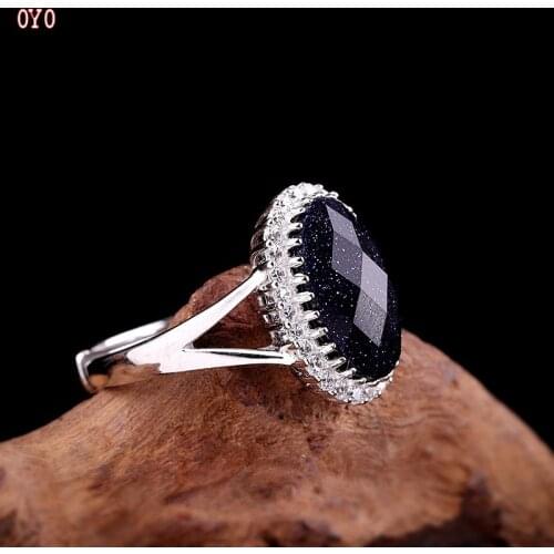 100% S925 Sterling Silver Jewelry Womens Open Blue Sand Ring