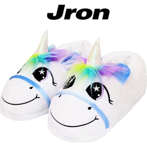 Jron Winter Warm Indoor Slippers Cute Cartoon Plush Unicorn Slippers for Grown Ups Unisex Home Slippers Pantufa Unicornio Flats