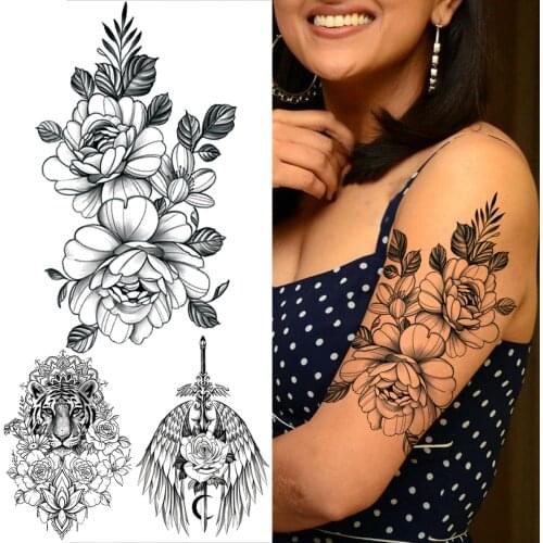3D Peony Flower Temporary Tattoos For Women Adult Tiger Wings Sword Fake Tattoo Sticker Sexy Arm Chest Back Waterproof Tatoos