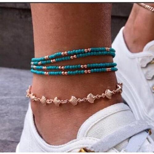 5 Pcs/set Boho Summer Shell Shape Design Handmade Beads Anklets for Women Ladies Gold Color Multilayer Anklets Set Beach Jewelry