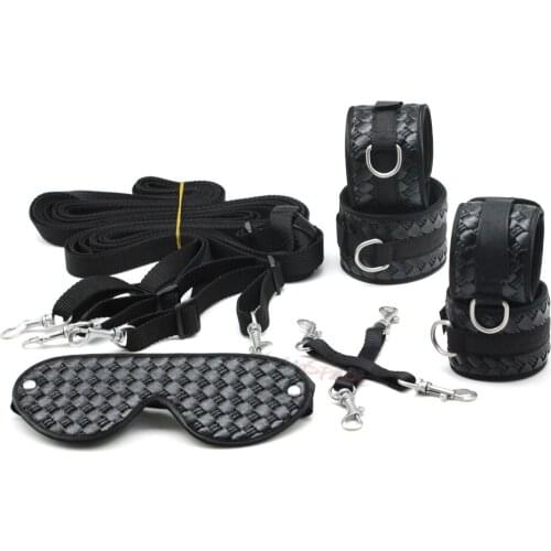 Smspade 5 pieces/lot Black PU Bedroom Bondage Restraints Set, handcuffs footcuffs blindfold fabric belt hog tie, sex bondage kit