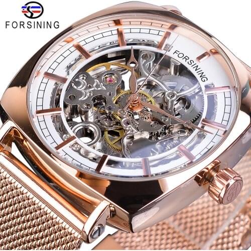 Forsining Fashion Machanical Watches Automatic Mens Wristwatch Rose Gold Mesh Watch Waterproof Top Brand Luxury Erkek Kol Saati