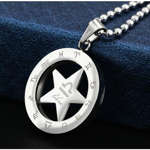 Zodiac Jewelry Making Stainless Steel 25mm Round Circle Star Libra Constellation Pendant Necklace With Bead Chains