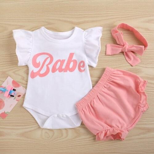 Newborn Baby Girls Boys Clothes Sets 3pcs Letter Printed Fly Sleeve Romper Tops Short Headband 0-18M