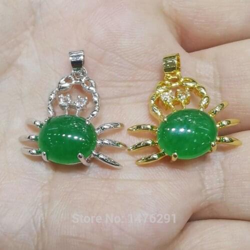 Vogue 12X16MM Inlaid Oval Green Jades Stone Rhinestone Hollow Cutting Crab Pendant 1PCS