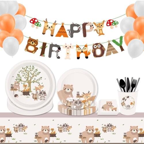 Small Fresh Forest Animal Theme Disposable Tableware Banner Paper Plate Napkin Cup Children’s Birthday Party Decoration Supplies