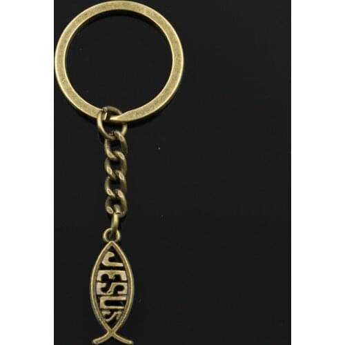 Fashion 30mm Key Ring Metal Key Chain Keychain Jewelry Antique Bronze Silver Color Plated Fish Jesus 27x10mm Pendant