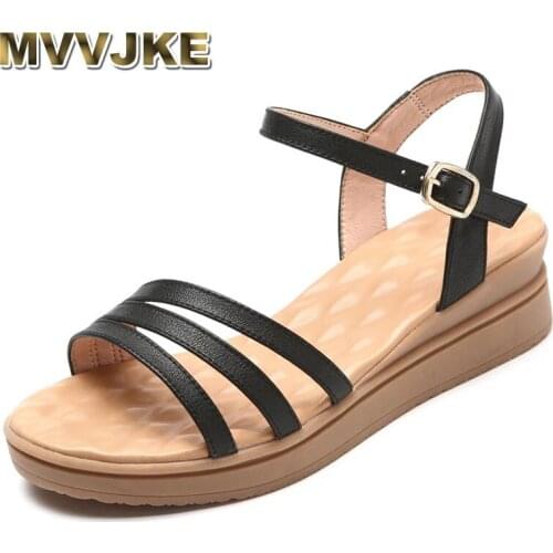 MVVJKE New Summer Genuine Leather Sandals Comfortable Soft Non-slip Women Shoes Casual Sandals Flat Wedges Sandals Plus Size