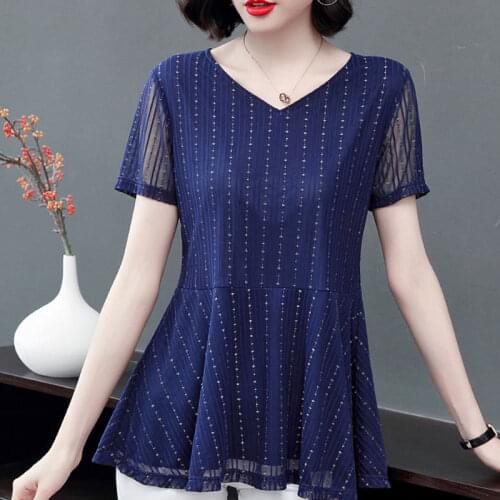 2021 New Summer Clothes Short Sleeve Blouse Womens Lace Shirt Mesh Bottoming Solid Plus Size 5XL Tops Feminina Blusas X169