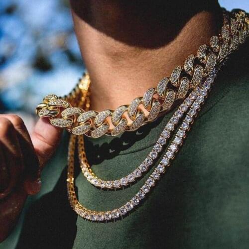 New gold Silver color 18mm big classic cuban link chain necklace Iced out bling 2 raw cz cuban link chain for men hiphop jewelry