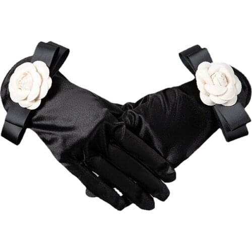 Korean Wedding Dress Gloves Women Summer Camellia Thin Short Full Finger Satin Etiquette Cycling Driving Sunscreen Mittens M80