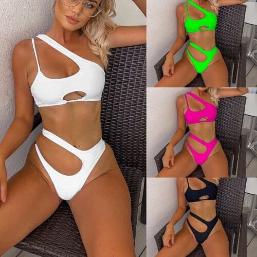 Sexy Neon Bikini Swimsuit Women Hollow Out Push Up Bikini Set Female Swimwear Monokini Bathing Suit Summer Beach Wear 2021