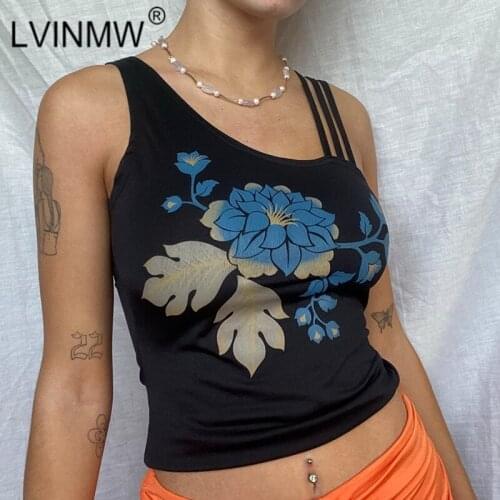 LVINMW Asymmetric Sleeveless Flower Print Casual Slim Crop Top Patchwork Straps Fashion Designed Tank Tops For Women Streetwear